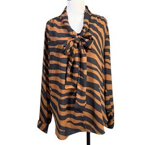 Worthington Animal Print Button Down Blouse Tie Neck  Black Brown Striped